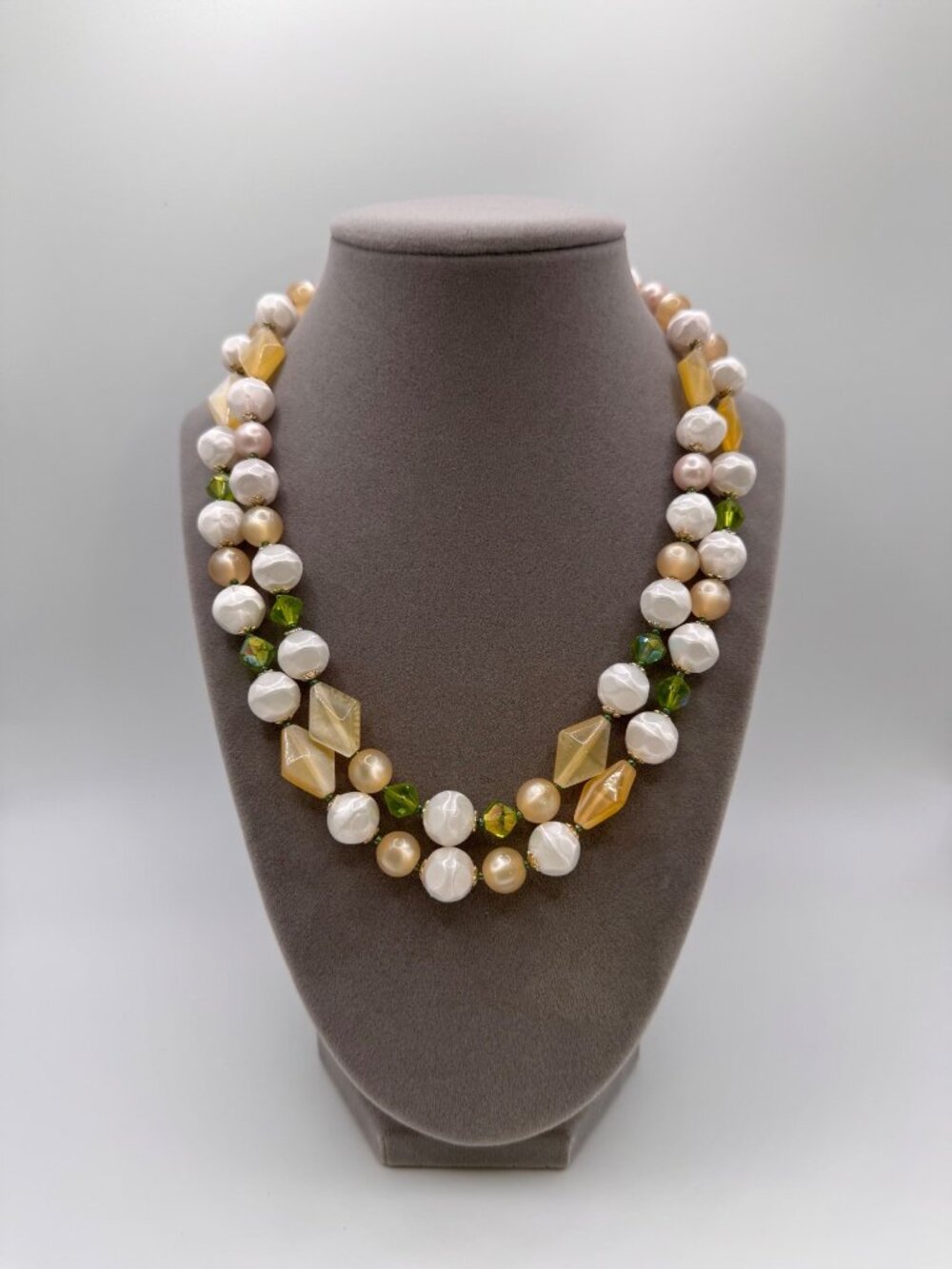 Vintage Japan Double Strand Acrylic Necklace Cottagecore Bead 18in Pink Yellow